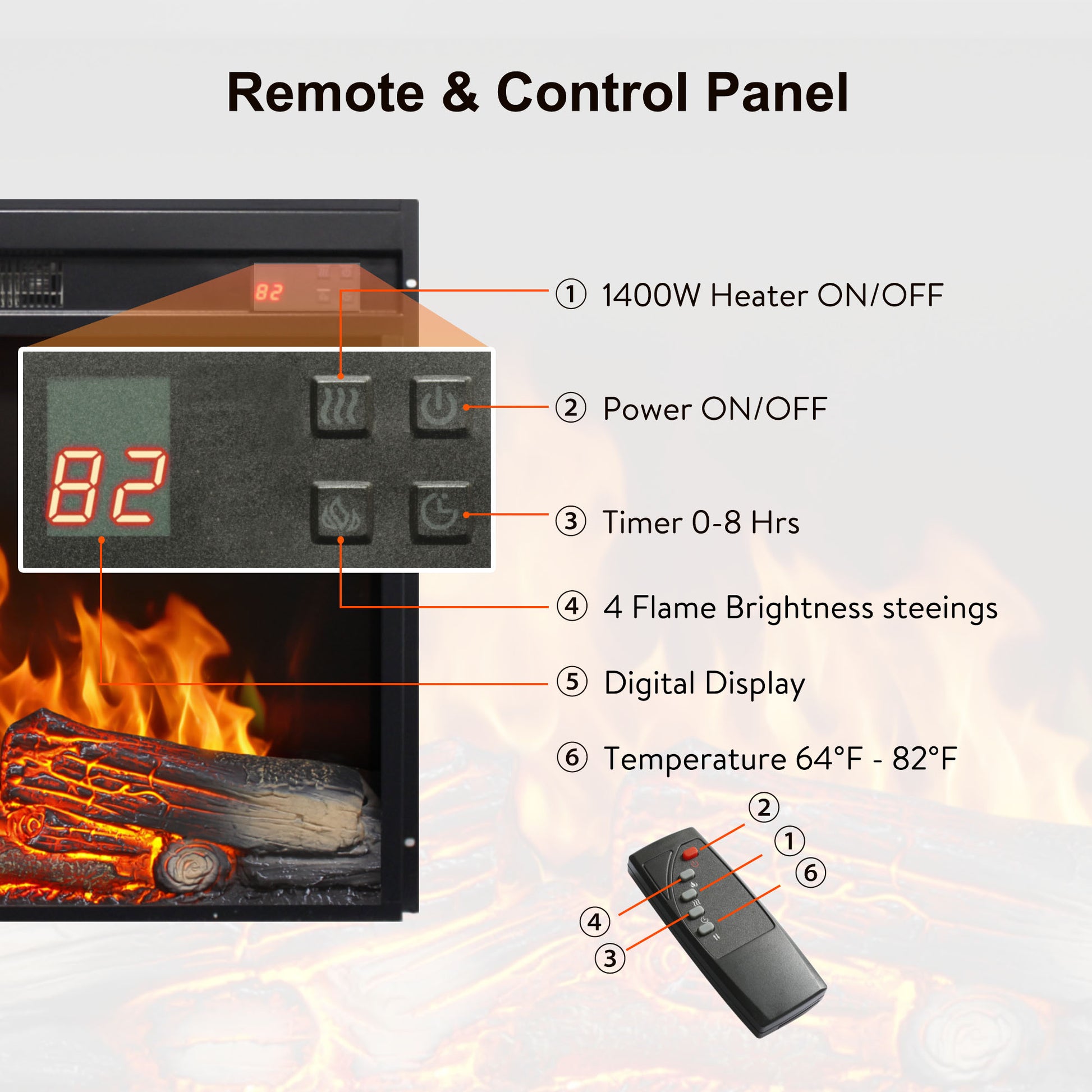 23 inch electric fireplace insert, ultra thin heater with log set & realistic flame, remote control with timer, overheating protection image 12