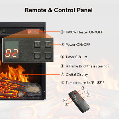 23 inch electric fireplace insert, ultra thin heater with log set & realistic flame, remote control with timer, overheating protection image 12
