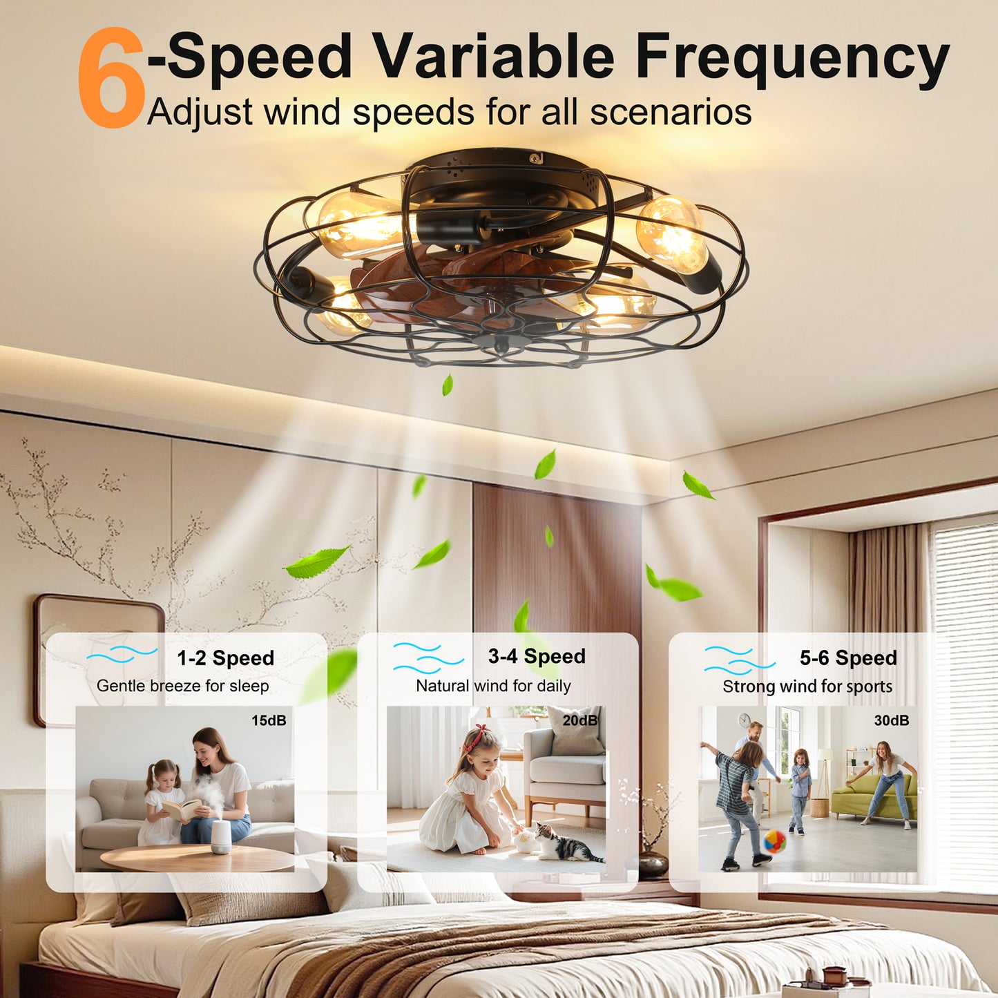 19.7" Industrial Caged Ceiling Fan with Light, 6-Speed Reversible DC Motor, E26 Bulb Base, Remote Control, Timer, Low Noise <30dB, Farmhouse/Industrial Decor for Bedroom/Living Room Kitchen image 5