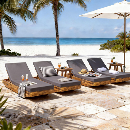 Acacia Wood Chaise Lounge with Cushion - Teak Finish Outdoor Recliner with Dark Grey Water-Repellent Cushion, 79.6" L x 29" W, 300 lbs image 7