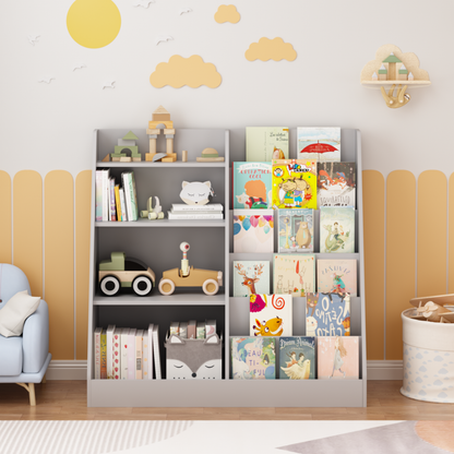 Kids Bookshelf and Toy Storage Organizer, Multifunctional 4 Tier Wooden Kids Book Shelf with Bookcase Display Stand in Kids Room Playroom Nursery for Kids, Children, Toddlers (Gray) image 11