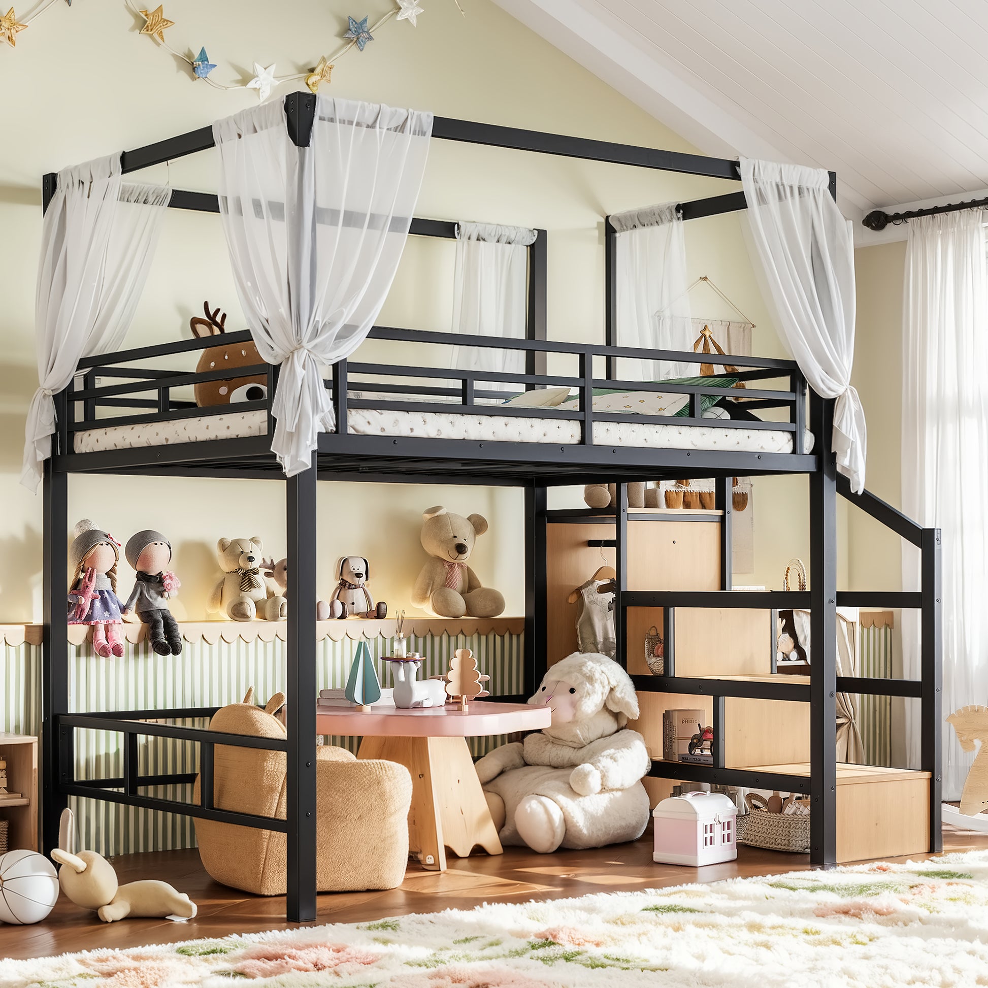 Full Loft Bed with Storage Stairs and Wardrobe, Metal Loft Bed with Canopy Frame, Ample Underbed Spaces Design, Black image 2