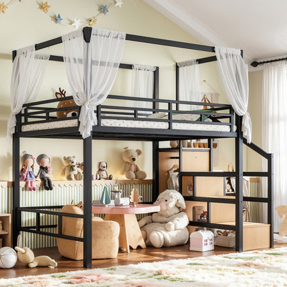 Full Loft Bed with Storage Stairs and Wardrobe, Metal Loft Bed with Canopy Frame, Ample Underbed Spaces Design, Black image 2