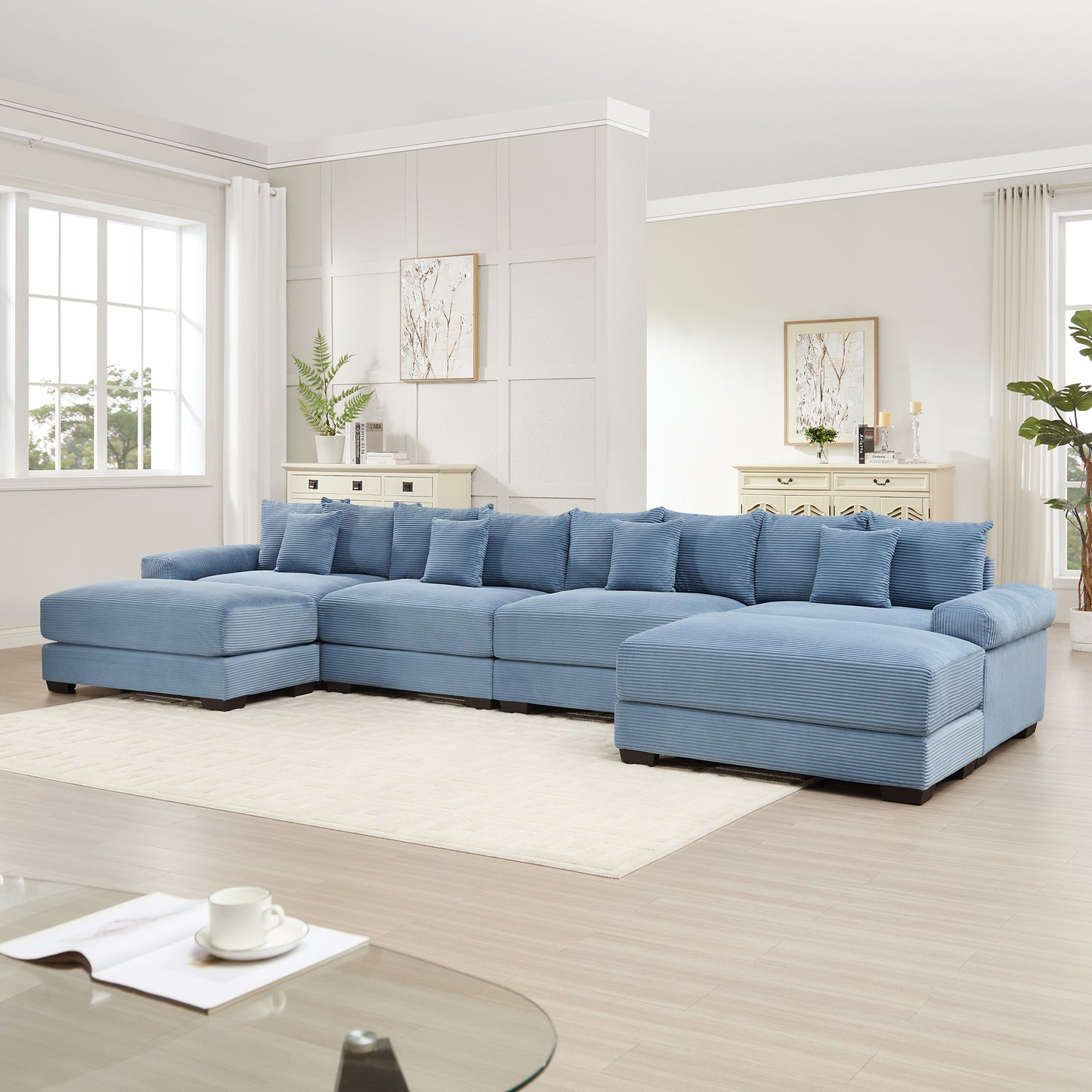 170"Oversized Cloud Modular U-Shape Sectional Couch,Premium Corduroy Fabric With An Ottoman,Deep Seat Wide Armrests,8 Throw Pillows Good Resilience Cushion,Easy Assembly, For Living Rooms Studies,Blue image 2