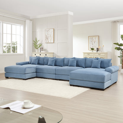 170"Oversized Cloud Modular U-Shape Sectional Couch,Premium Corduroy Fabric With An Ottoman,Deep Seat Wide Armrests,8 Throw Pillows Good Resilience Cushion,Easy Assembly, For Living Rooms Studies,Blue image 2