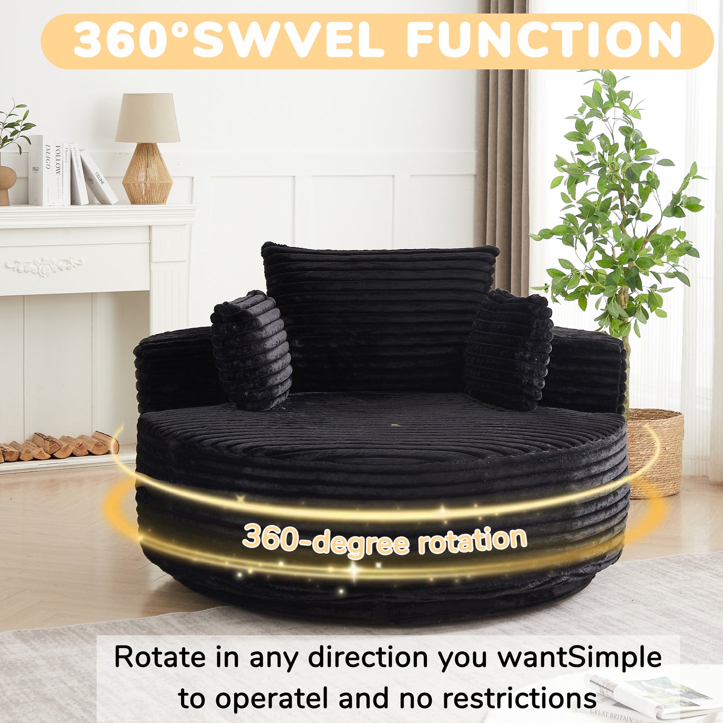 55''L Corduroy Foam Single Swivel Chair, Fluffy Modern Sleeper, 360 Degree Swivel Chair for Living Room, Bedroom, Lounge and Projection Room image 4