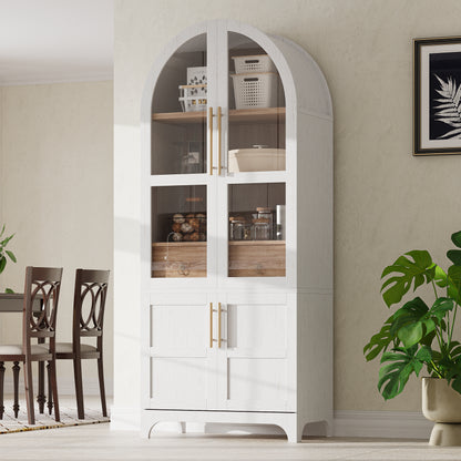 K&K 71" Tall Arched Kitchen Pantry Cabinet with Door Shelves, Farmhouse Kitchen Storage Cabinet with Open & Adjustable Shelves, Hidden Drawer & Glass Door, Cupboard for Kitchen, Dining Room, White image 1