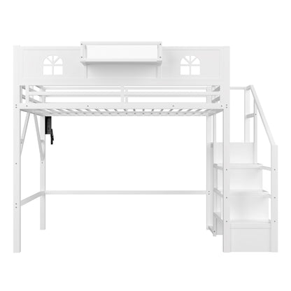 Full Size Loft Bed with Stairs, Metal Full Loft Bed with High and House Shaped Guardrails, High Loft Bed with Wardrobe for Kids Teens, White (Old SKU W2593S00037 Expect Arrival Datee2026/3/17) image 12
