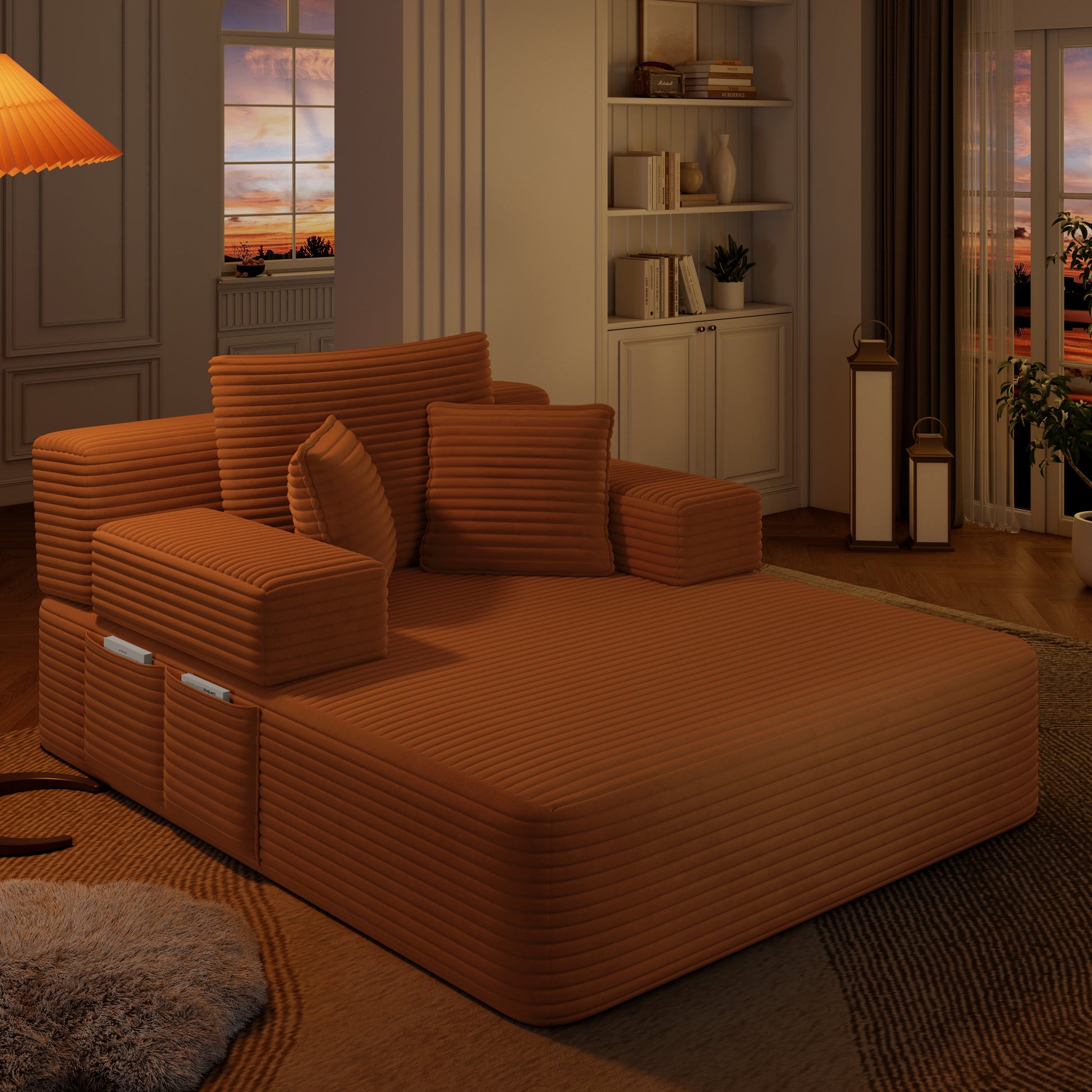 Luxurious Plush Corduroy Chaise Lounge with 3 Pillows, Convertible Sofa Bed with Storage Pocket, Frameless Design & Compression Foam for Small Spaces, Living Room, Apartment,Orange image 4