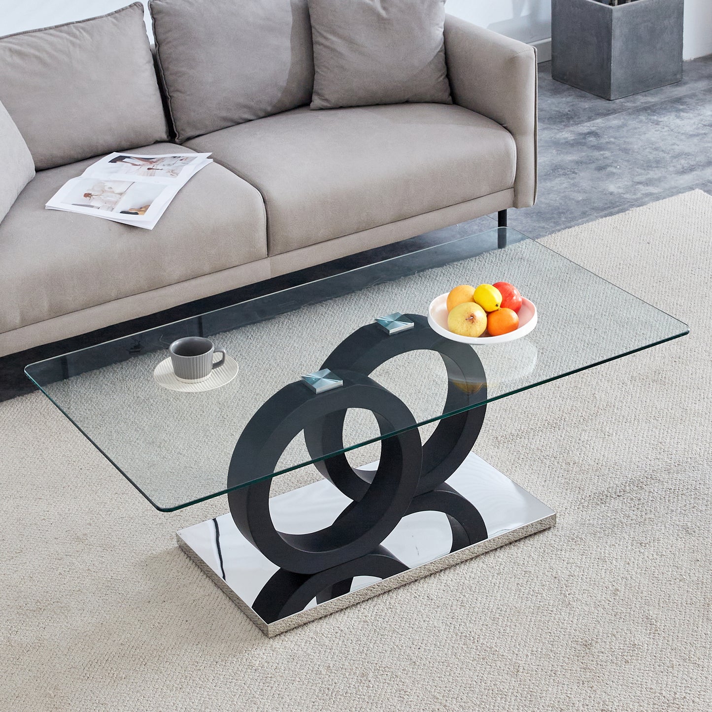 Modern Style Glass Top MDF Coffee Table with Black Base, Suitable for Living Rooms and Lounge Areas, with Product Dimensions of 47.2*25.6*17.8Inches. image 2