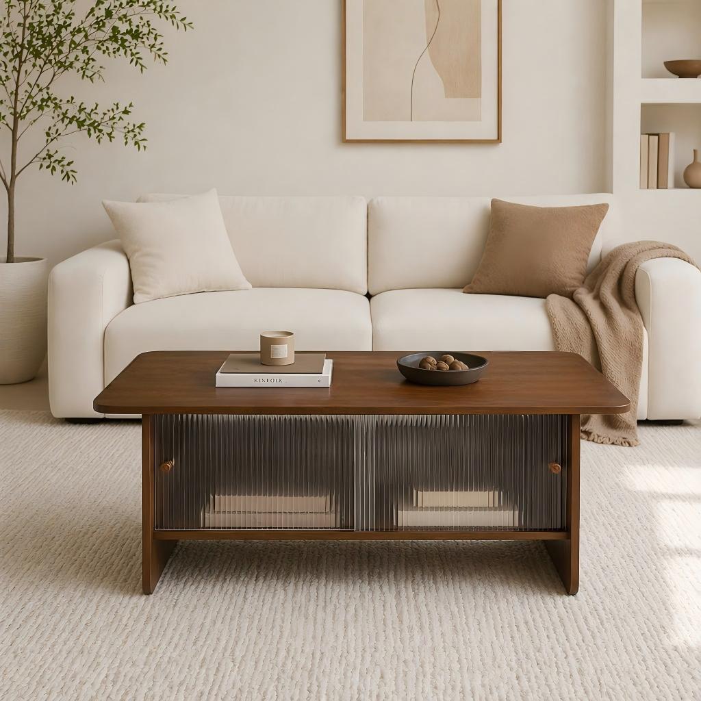 47" Coffee Table With Storage, Rectangular Mid-Century Retro Center Table, Fluted Glass Sliding Doors For Living Room Bedroom Guest Room, Walnut. image 2