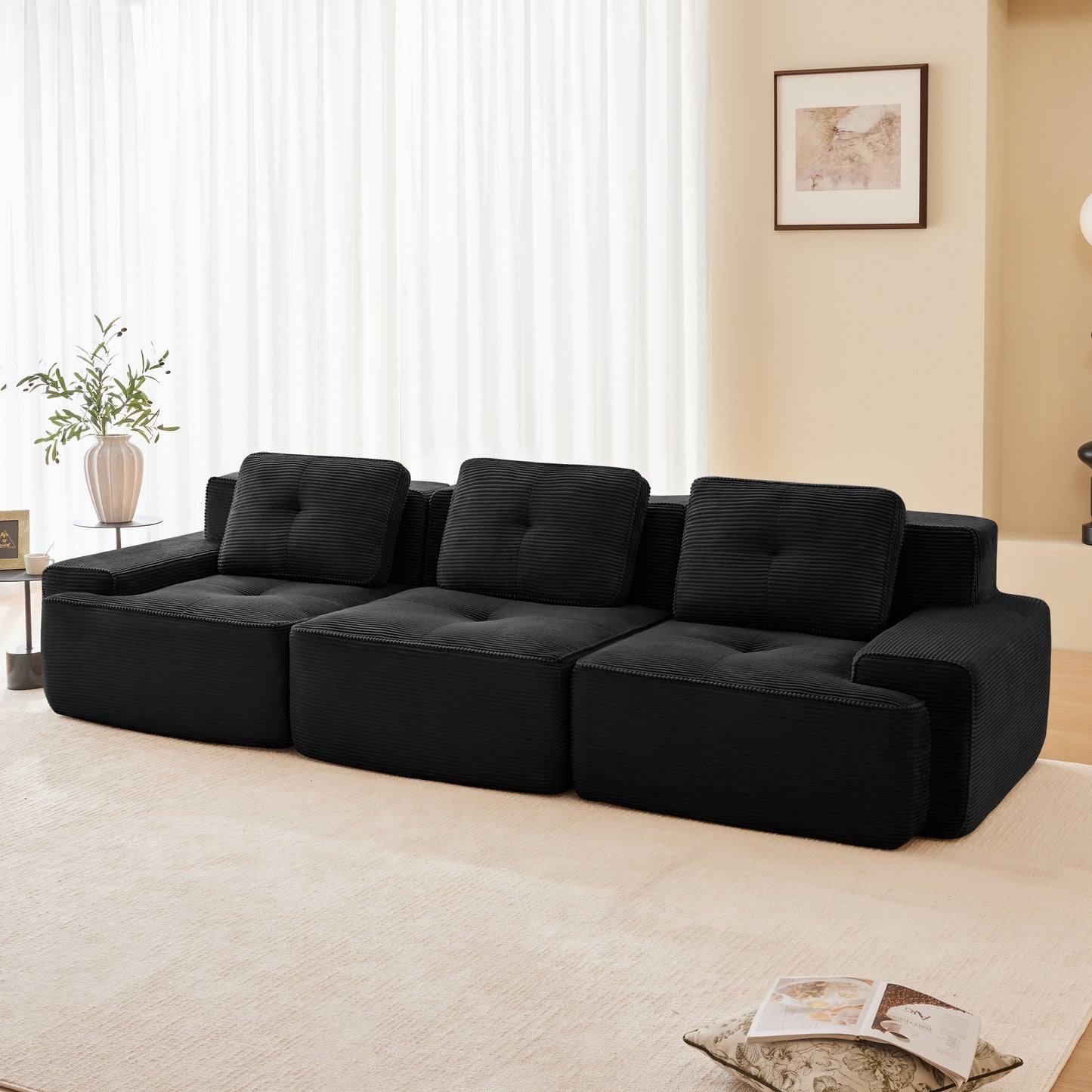 117" Modern Modular Sectional Sofa for Living Room, Corduroy Fabric,Oversized 3-Seater Couch with Deep Seat, Pearl-like piping, Tufted Design,Buckle connection,No Assembly,Anti-slip Design,Black image 3