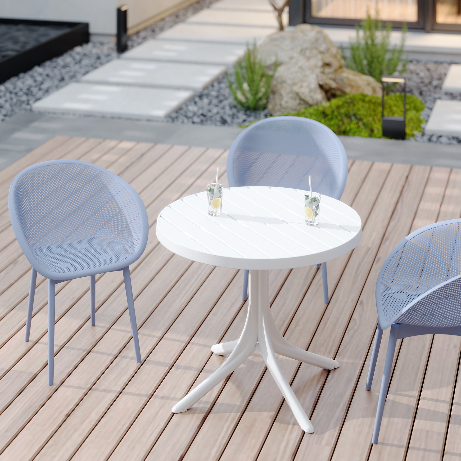 Summer - 2-Pack Light Blue Modern Lounge Chairs – Indoor/Outdoor All-Weather PP Plastic with 36 Inch Indoor/Outdoor Modern White Round PP Table image 4