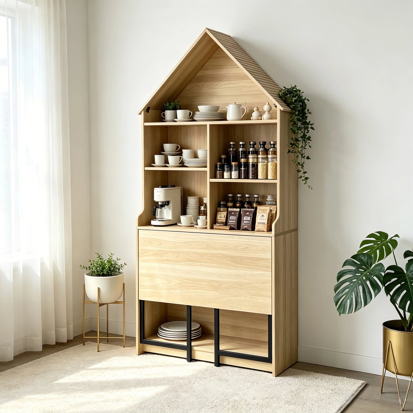 Folding Craft Desk with Storage Shelves, Convertible Hideaway Desk to Bookshelf, Foldable Desk with Storage, Disappearing Desk for Small Spaces, Multifunctional Converted Craft Table, Vanity Desk image 5