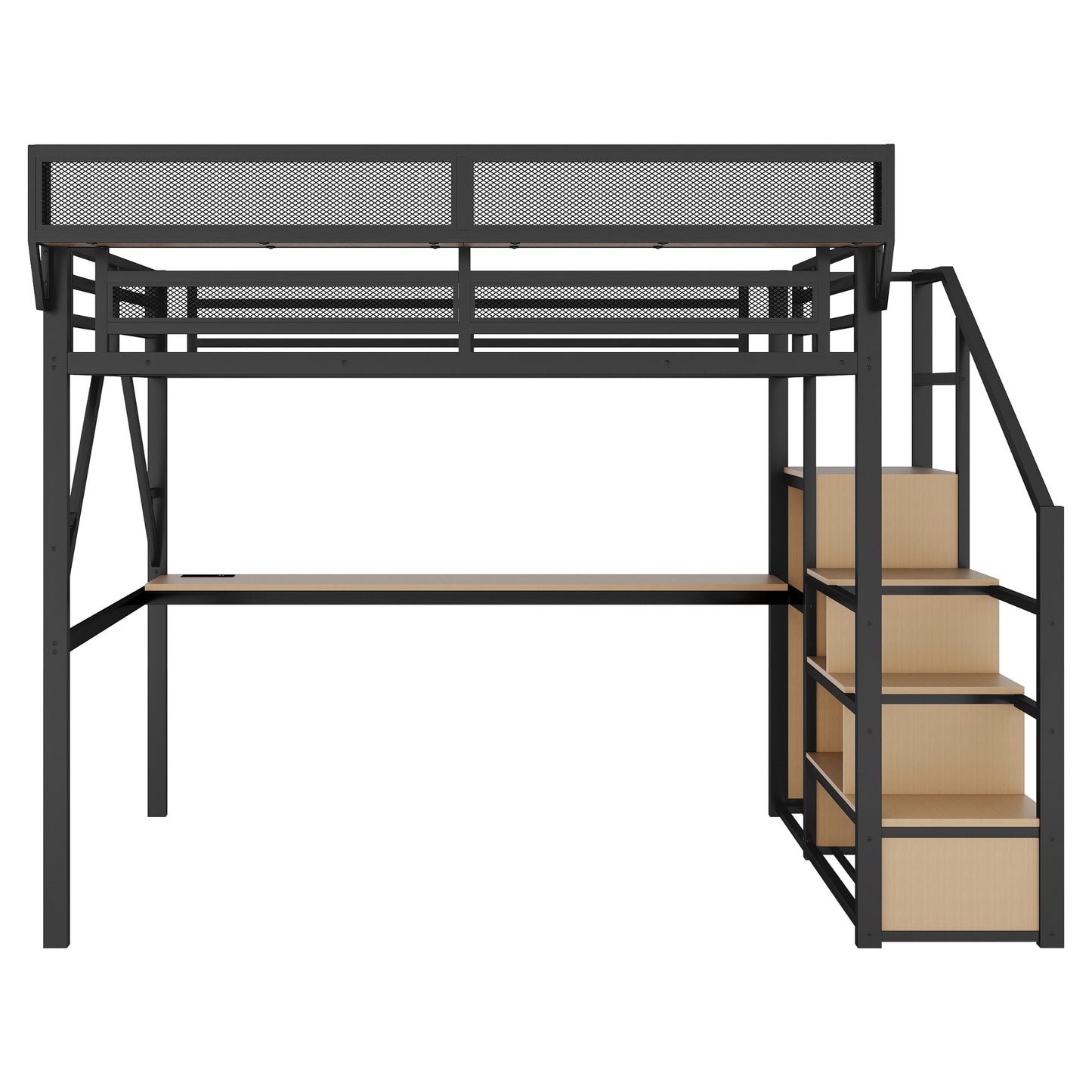 Queen Loft Bed with Desk and Charging Station, Queen Size Metal Loft Bed with Stairs and Light for Kids Teens, Black, Patent Products(OldSKU W2580S00044) image 11