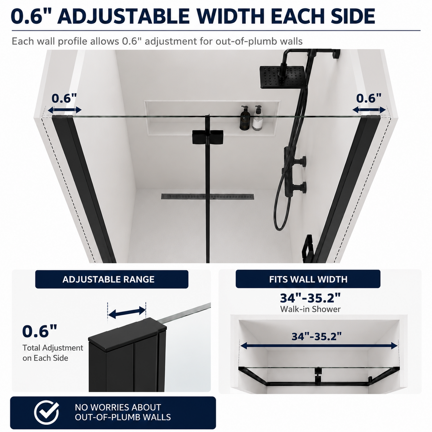 Semi-Frameless Folding Pivot Hinged Shower Door 34-35.2 in. W x 72 in. H,1/4" (6mm) Tempered Glass,Bathroom Bifold Panel, Reversible Installation,Matte Black image 5