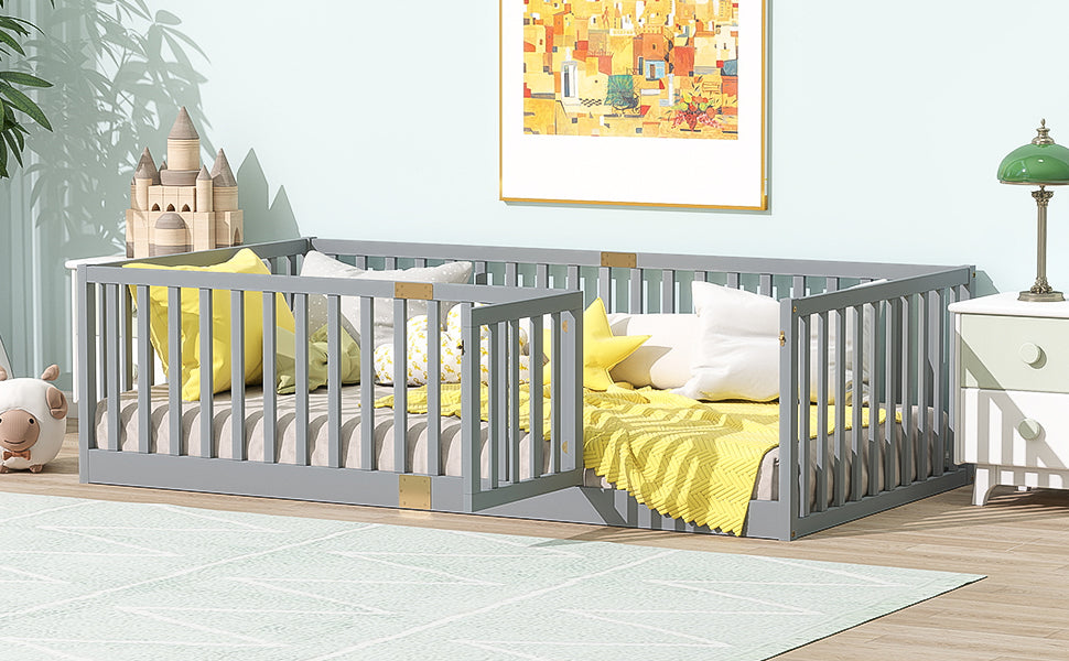 Twin Size Floor Bed with High Fence Railings, with Door, Rubber Wood Floor Bed with Safety Guardrails,Grey image 5