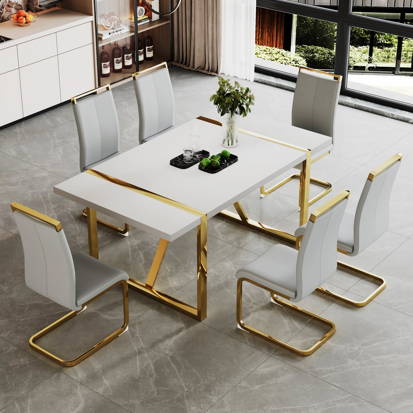 Industrial rectangular MDF material white dining table, equipped with a 2.3-inch thick tabletop and golden metal legs, used for writing desks, restaurants, and living rooms71"*39.3"*30" image 9