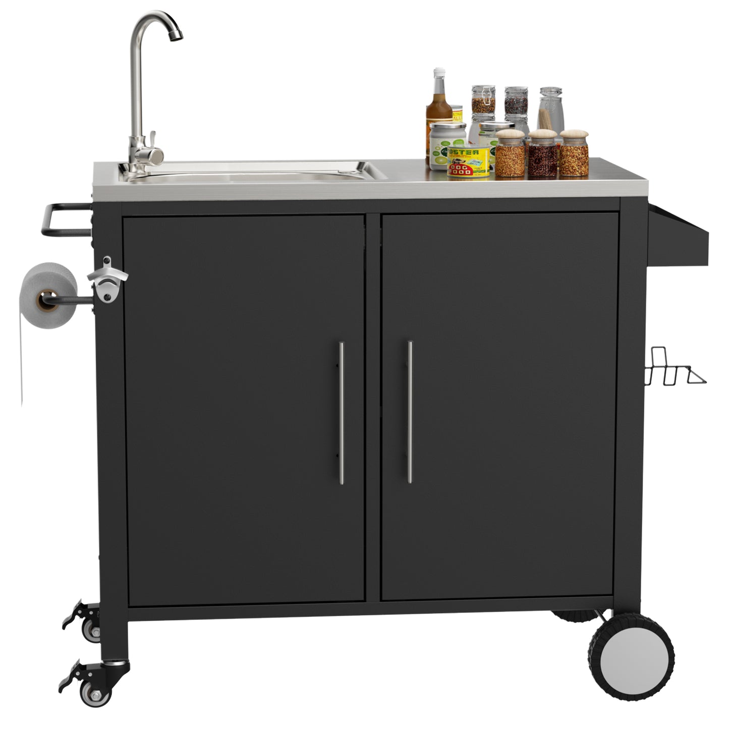 Outdoor Grill Table with Sink, Grill Cart with 304 Stainless Steel Sink and Cabinet, Outdoor Grill Cart,Outdoor Cart Sink Station with Wheels, L38" x W18" x H35" image 8