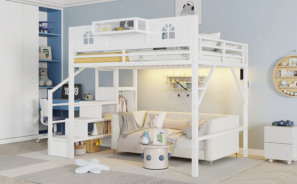 Queen Size Loft Bed with Stairs, Metal Queen Loft Bed with High and House Shaped Guardrails, High Loft Bed with Wardrobe for Kids Teens, White (Old SKU W2593S00038 Expect Arrival Date2026/3/7) image 6