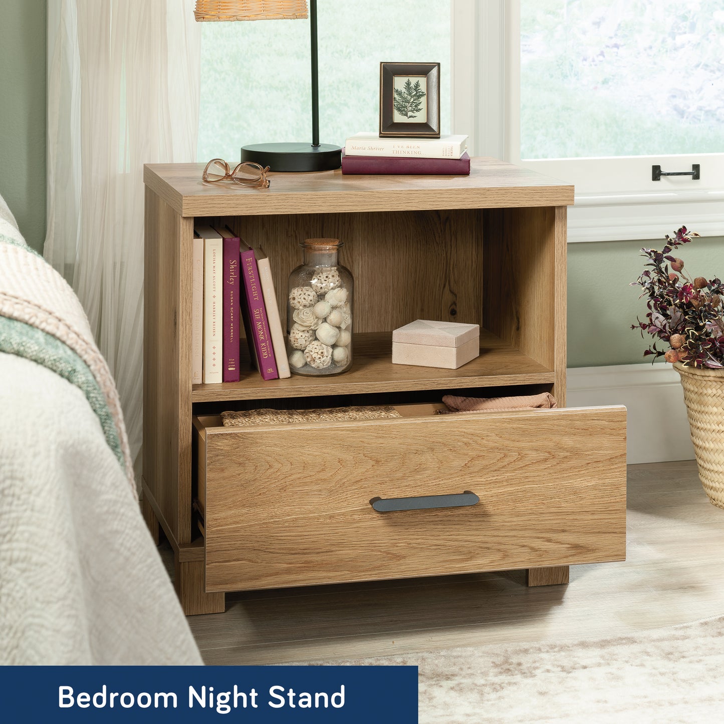 Country Nightstand with 1 Drawer and Open Shelf, Brown finish image 3