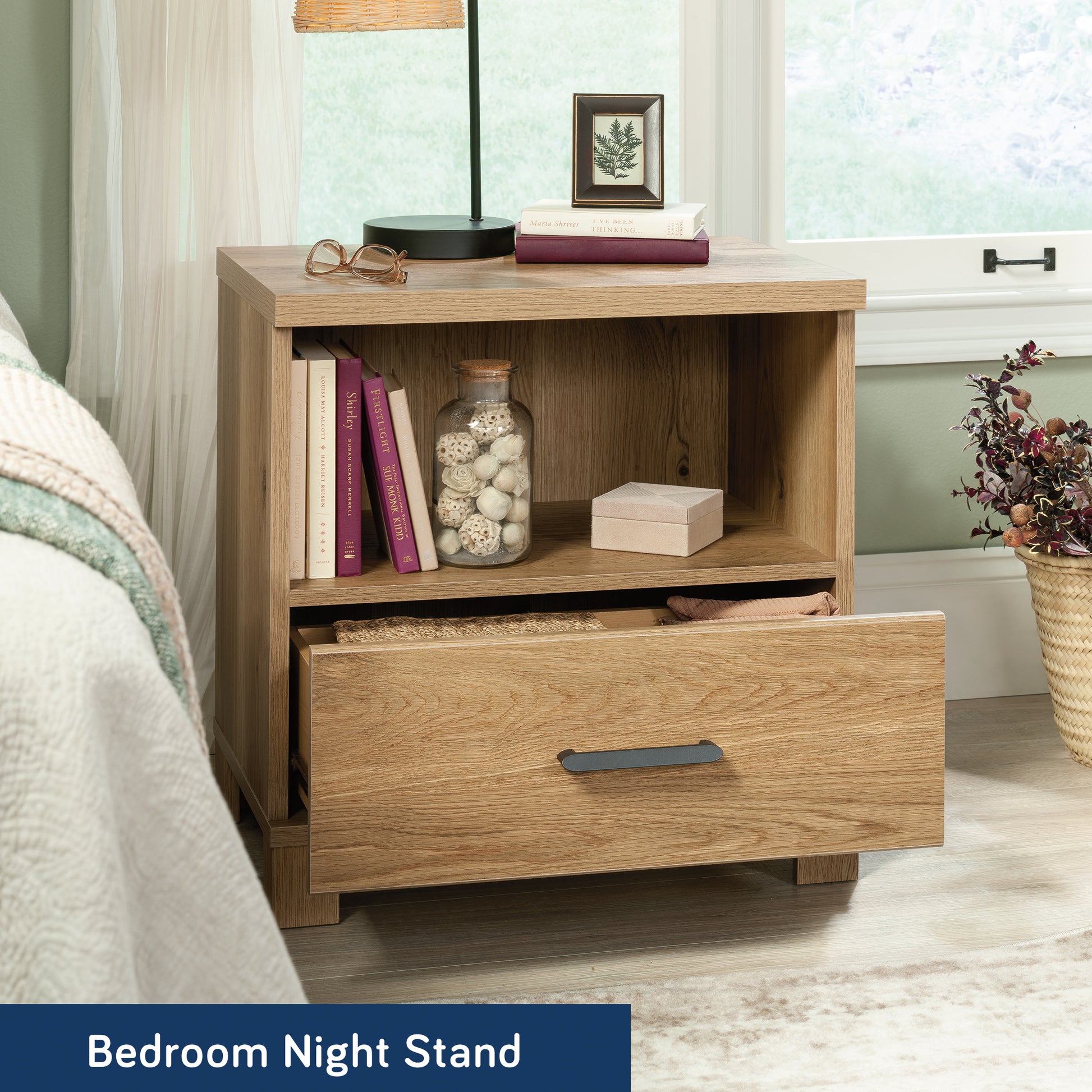 Country Nightstand with 1 Drawer and Open Shelf, Brown finish image 3