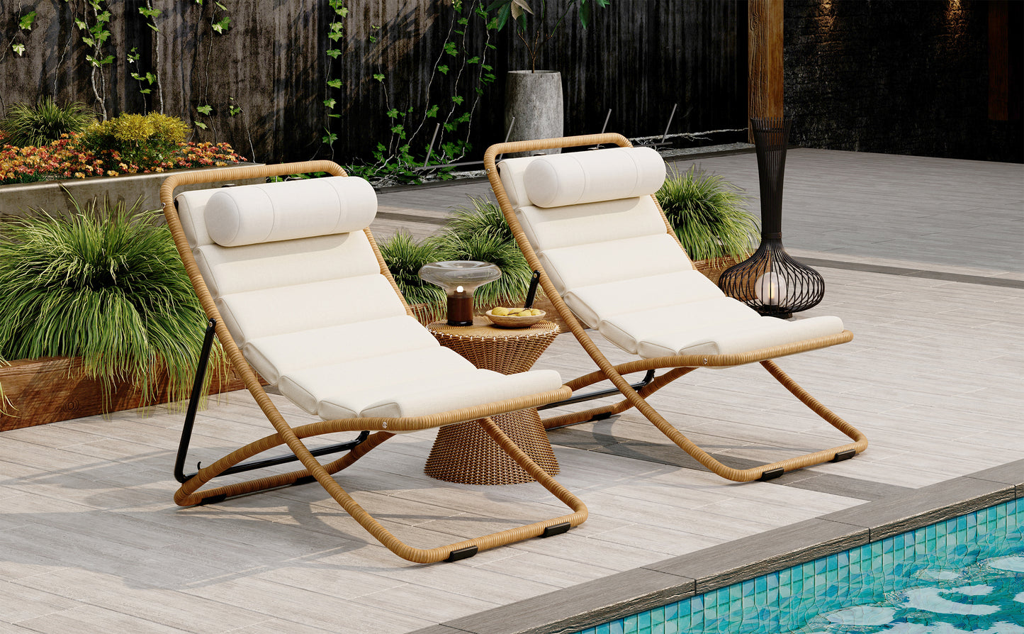 TREXM 2-Pieces Outdoor Folding Chair, Rattan-Wrapped Patio Chair with Adjustable Backrest, Thick Cushion, and Detachable Headrest,for the Poolside, Beach, Backyard, Decck, and Camping (Yellow) image 2