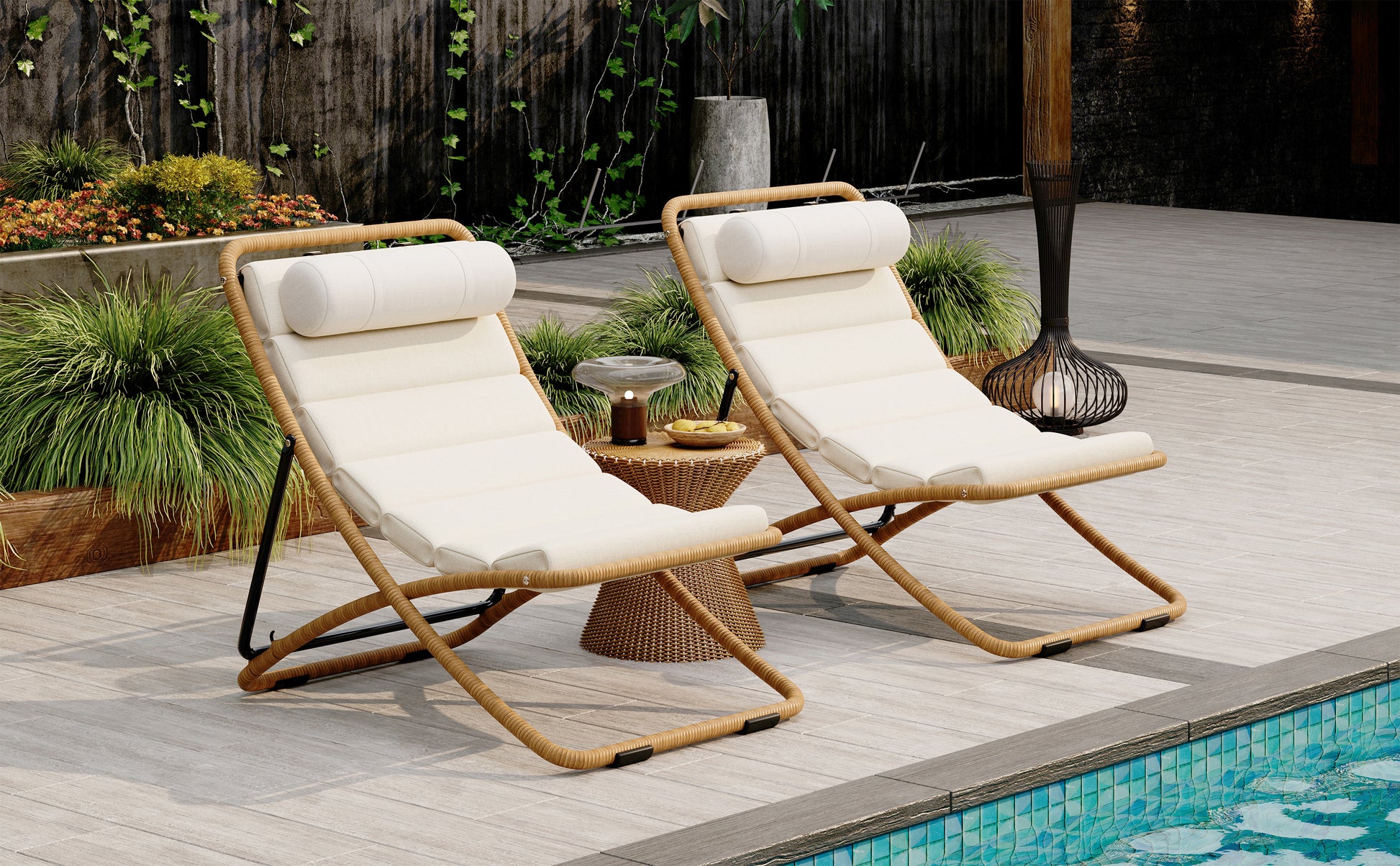 TREXM 2-Pieces Outdoor Folding Chair, Rattan-Wrapped Patio Chair with Adjustable Backrest, Thick Cushion, and Detachable Headrest,for the Poolside, Beach, Backyard, Decck, and Camping (Yellow) image 2