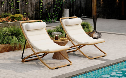 TREXM 2-Pieces Outdoor Folding Chair, Rattan-Wrapped Patio Chair with Adjustable Backrest, Thick Cushion, and Detachable Headrest,for the Poolside, Beach, Backyard, Decck, and Camping (Yellow) image 2