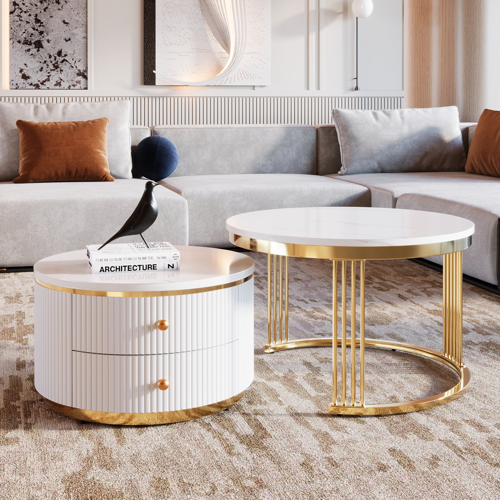 Modern 2 Pieces White Round Nesting Coffee Table with Drawers in 27.6'' image 5