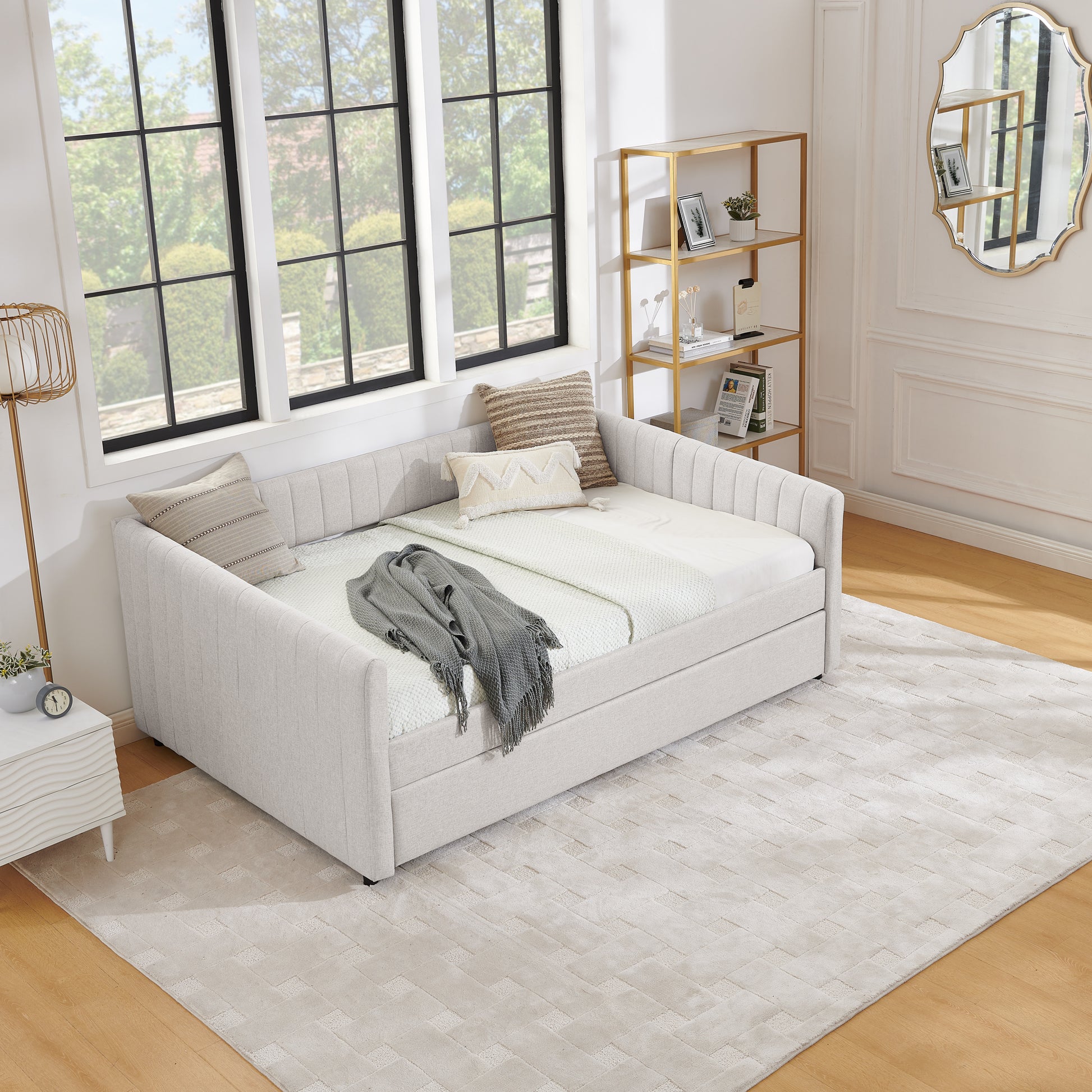 Full Size Daybed with Trundle Upholstered Sofa Bed, with Vertical Stripes, Linen Fabric, Beige (82.5"x58"x30") image 7