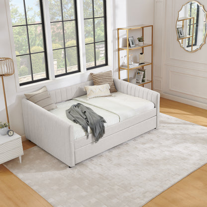 Full Size Daybed with Trundle Upholstered Sofa Bed, with Vertical Stripes, Linen Fabric, Beige (82.5"x58"x30") image 7