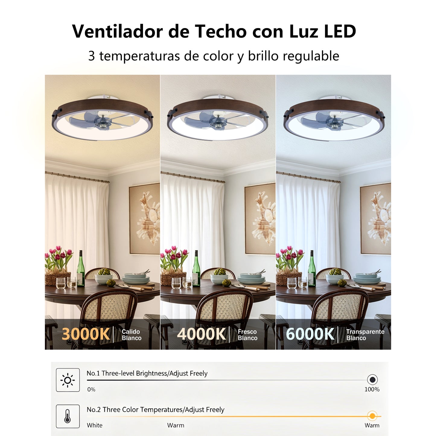 20" Ceiling Fans with Lights Kit (Led) and Remote Control, 3000-6500K Dimmable Modern Flush Mount LED Fan Light, 6 Speeds, Quiet DC Motor For Living room, Bedroom,Kitchen----Walnut+ Black image 7