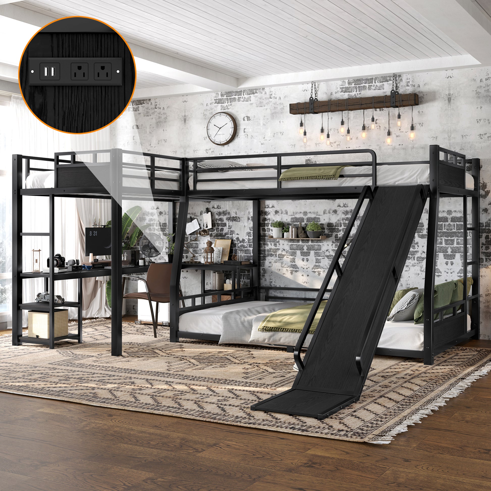 L-Shaped Metal Bunk Bed (Top bed:Full/FullXL, bottom bed: Queen) with Twin XL Loft Bed, Desk, and Storage Shelves,USB Charging Port Included - Metal Triple Bunk Bed with Slide,Black image 1