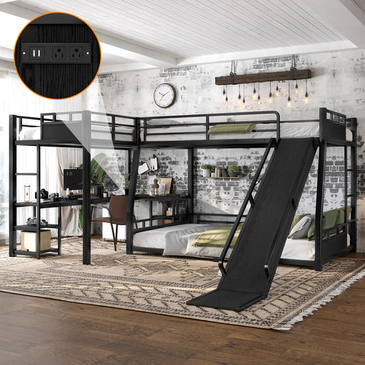 L-Shaped Metal Bunk Bed (Top bed:Full/FullXL, bottom bed: Queen) with Twin XL Loft Bed, Desk, and Storage Shelves,USB Charging Port Included - Metal Triple Bunk Bed with Slide,Black image 1