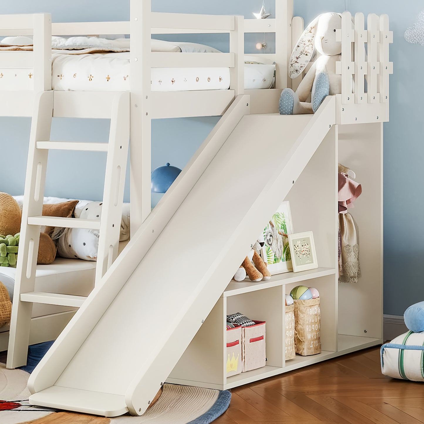 Twin over Full House Bunk Bed with Ladders and Slides, House Floor Bunk Bed with Storage Shelves and Wardrobe, Playhouse Design,Beige image 5