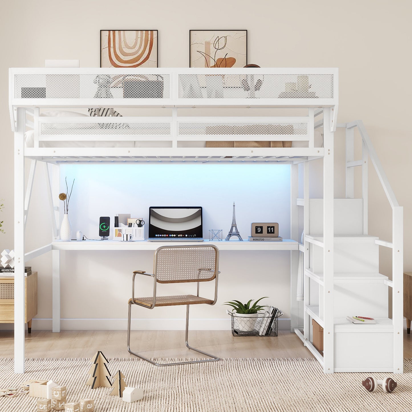 Queen Loft Bed with Desk and Charging Station, Queen Size Metal Loft Bed with Stairs and Light for Kids Teens,White(Old SKU W2580S00033) image 3