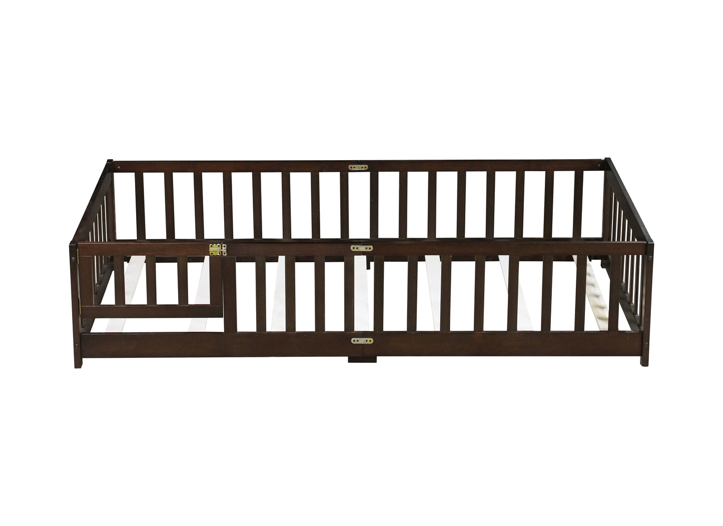 Twin Size Floor Bed with Fence and Door,Rubber Wood Floor Bed with Safety Guardrails,Espresso (Old Sku W504P286375) image 4