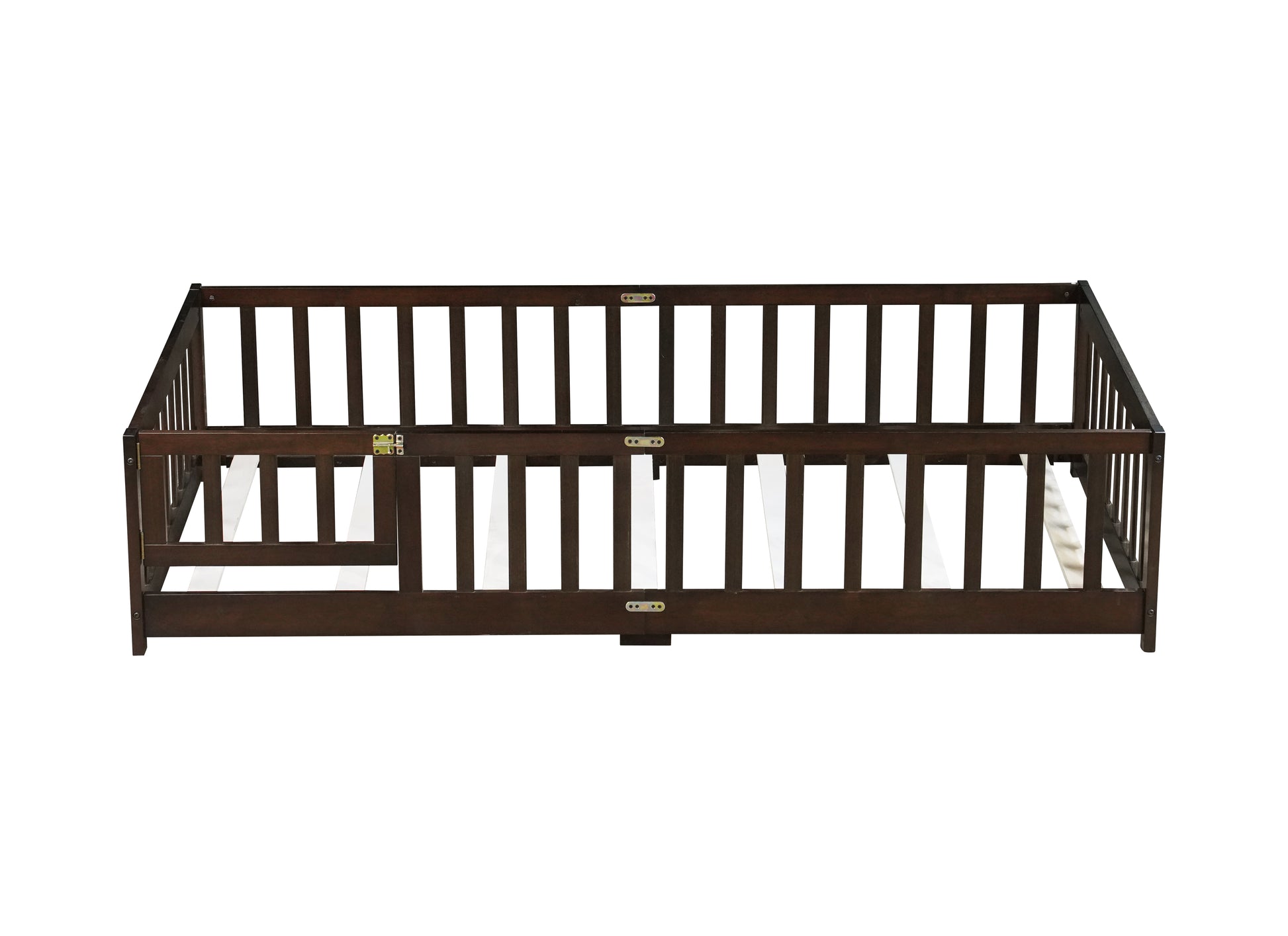 Twin Size Floor Bed with Fence and Door,Rubber Wood Floor Bed with Safety Guardrails,Espresso (Old Sku W504P286375) image 4