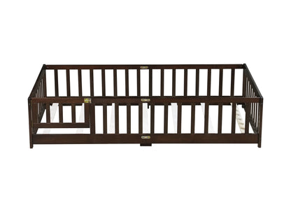 Twin Size Floor Bed with Fence and Door,Rubber Wood Floor Bed with Safety Guardrails,Espresso (Old Sku W504P286375) image 4
