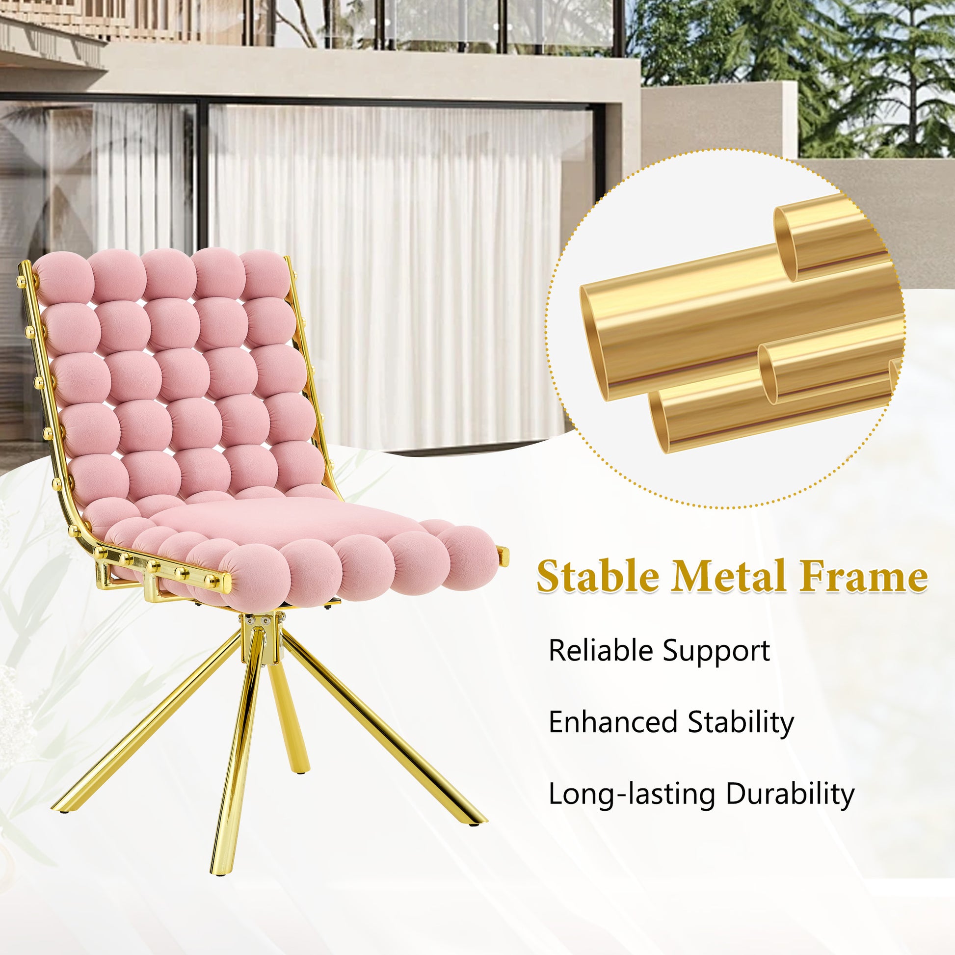 Set of 2 Modern Pink Bubble Tufted Accent Chair, Plush Velvet Swivel Chair with Gold Metal Legs, Ergonomic Armless Chair for Living Room, Bedroom & Dining Area image 5
