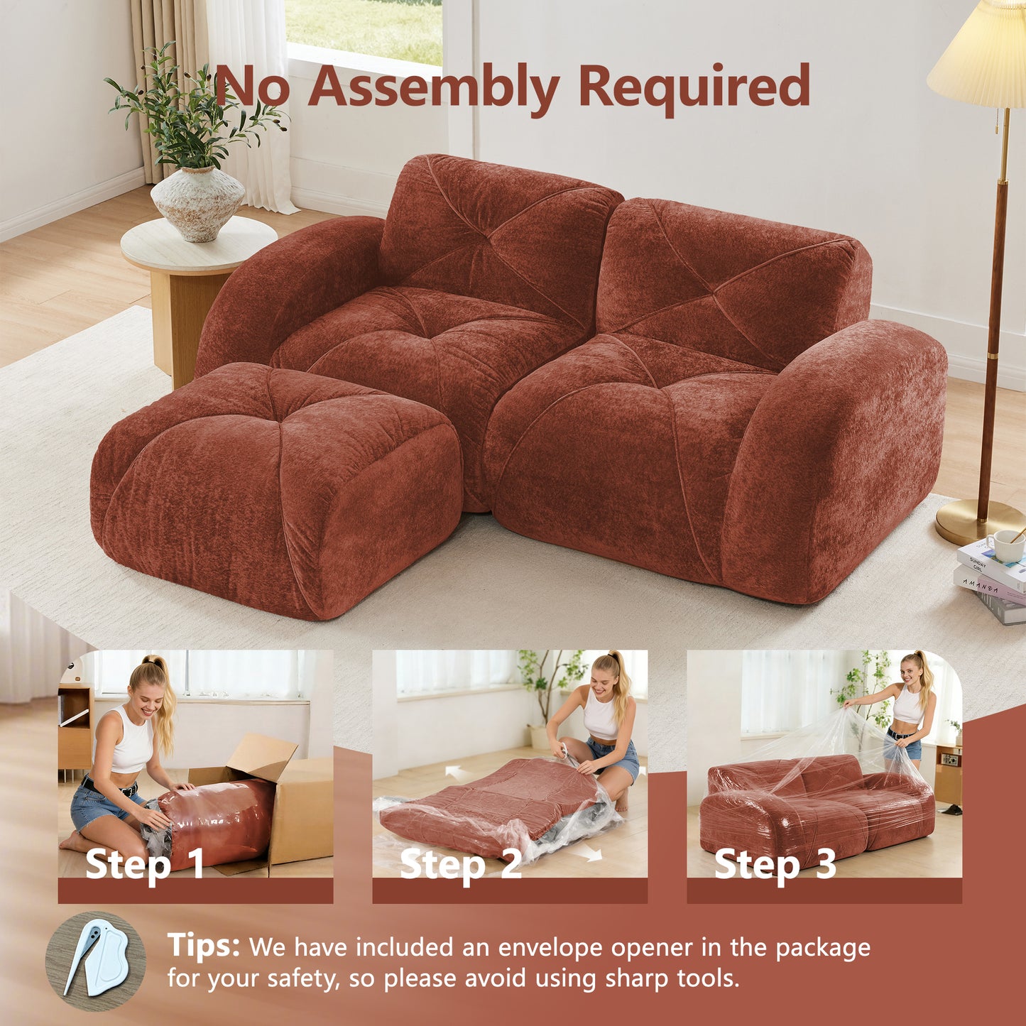 L-shaped Boneless Sofa,Soft Velvet Fabric,Tufted Design,32D High Density Sponge,No Assembly Required,Ergonomic Design,Bottom Anti-Slip Design,Movable Ottoman For Bedrooms,Red Brown image 5