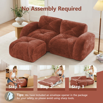 L-shaped Boneless Sofa,Soft Velvet Fabric,Tufted Design,32D High Density Sponge,No Assembly Required,Ergonomic Design,Bottom Anti-Slip Design,Movable Ottoman For Bedrooms,Red Brown image 5
