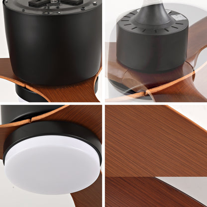52 Inch Ceiling Fans with Lights, Flush Mount Low Profile, 3 ABS Blades Ceiling Fan with Light and Remote, 6-Speed, Reversible DC Motor, Noiseless, for Bedroom, Indoor/Outdoor, Black+Walnut image 2