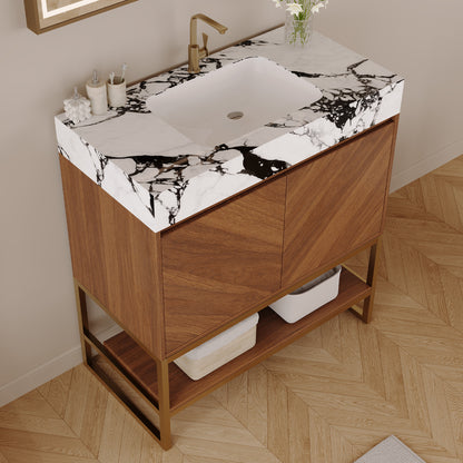 29.9" Modern Free-standing Bathroom Vanity with Ceramic Sink – Brown Oak, Soft-Close image 7
