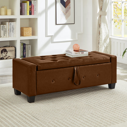 48" Ottoman Bench with Storage, Bench for Bedroom,Living Room,Hallway, Upholstered Tufted Faux Leather PU Ottoman Brown image 2
