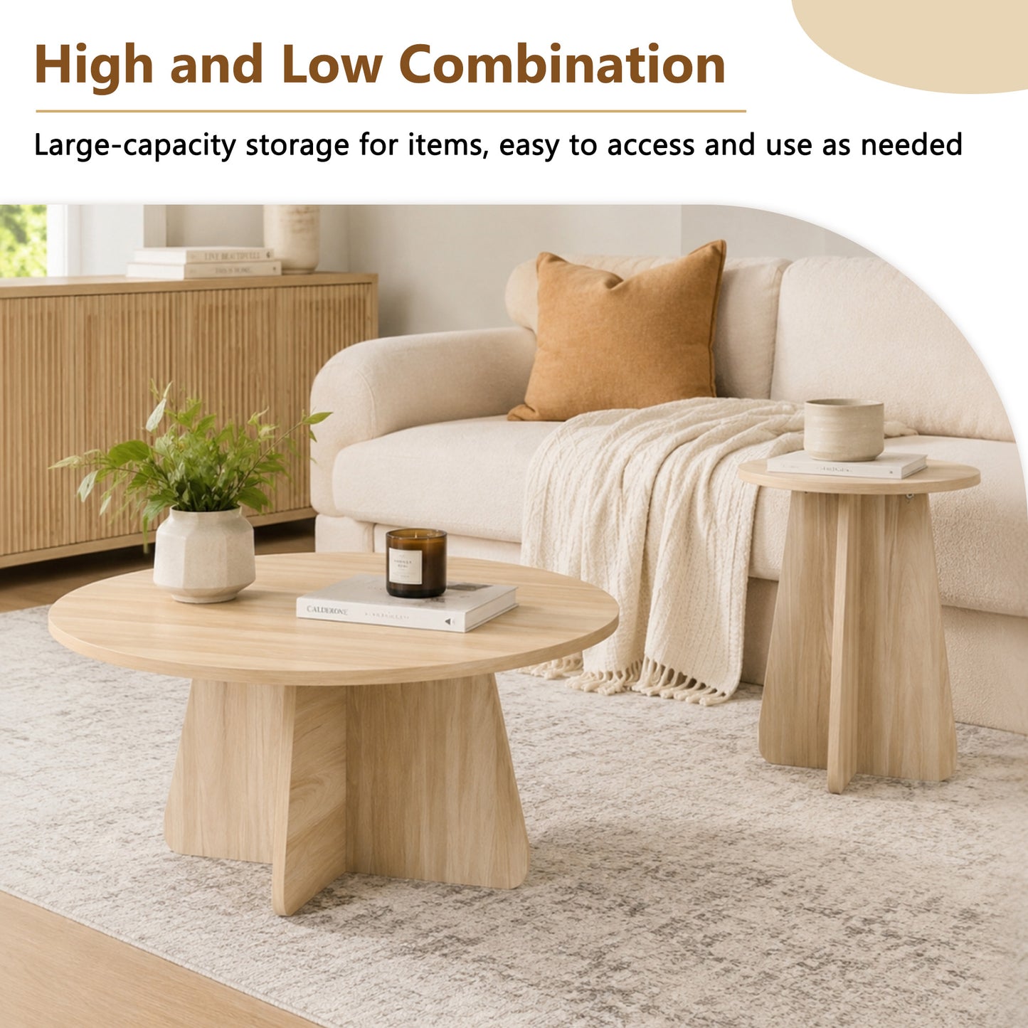 Retro-style nesting coffee table set. Available in walnut or natural wood finishes. Round nesting side tables with crisscross legs. Ideal for living rooms and dining rooms. image 8