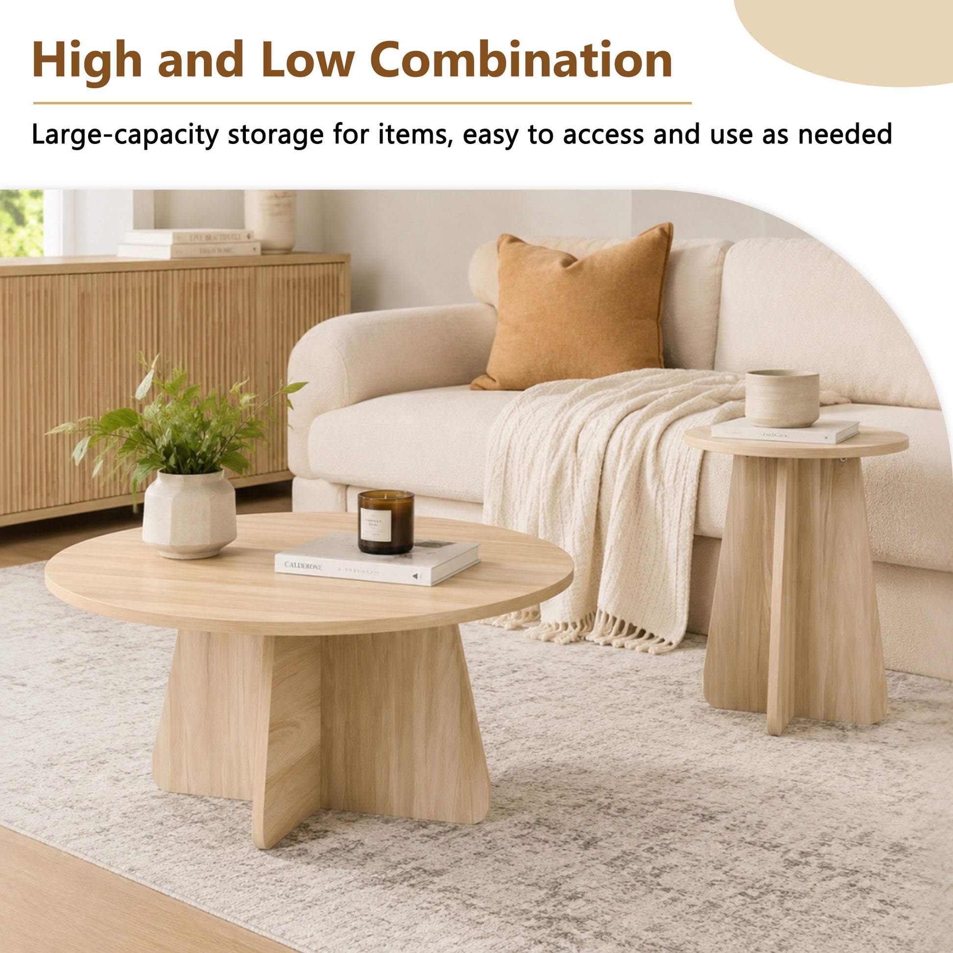 Retro-style nesting coffee table set. Available in walnut or natural wood finishes. Round nesting side tables with crisscross legs. Ideal for living rooms and dining rooms. image 8