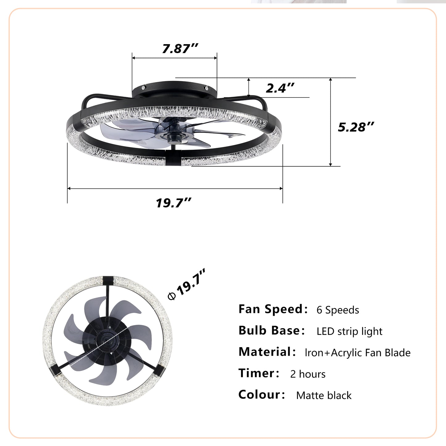 20" Ceiling Fans with Kit,LED Light Source and Remote Control, 3000-6500K Dimmable Modern Flush Mount LED Fan Light, 6 Speeds, Quiet DC Motor For Living room, Bedroom,Kitchen----Matte Black image 6