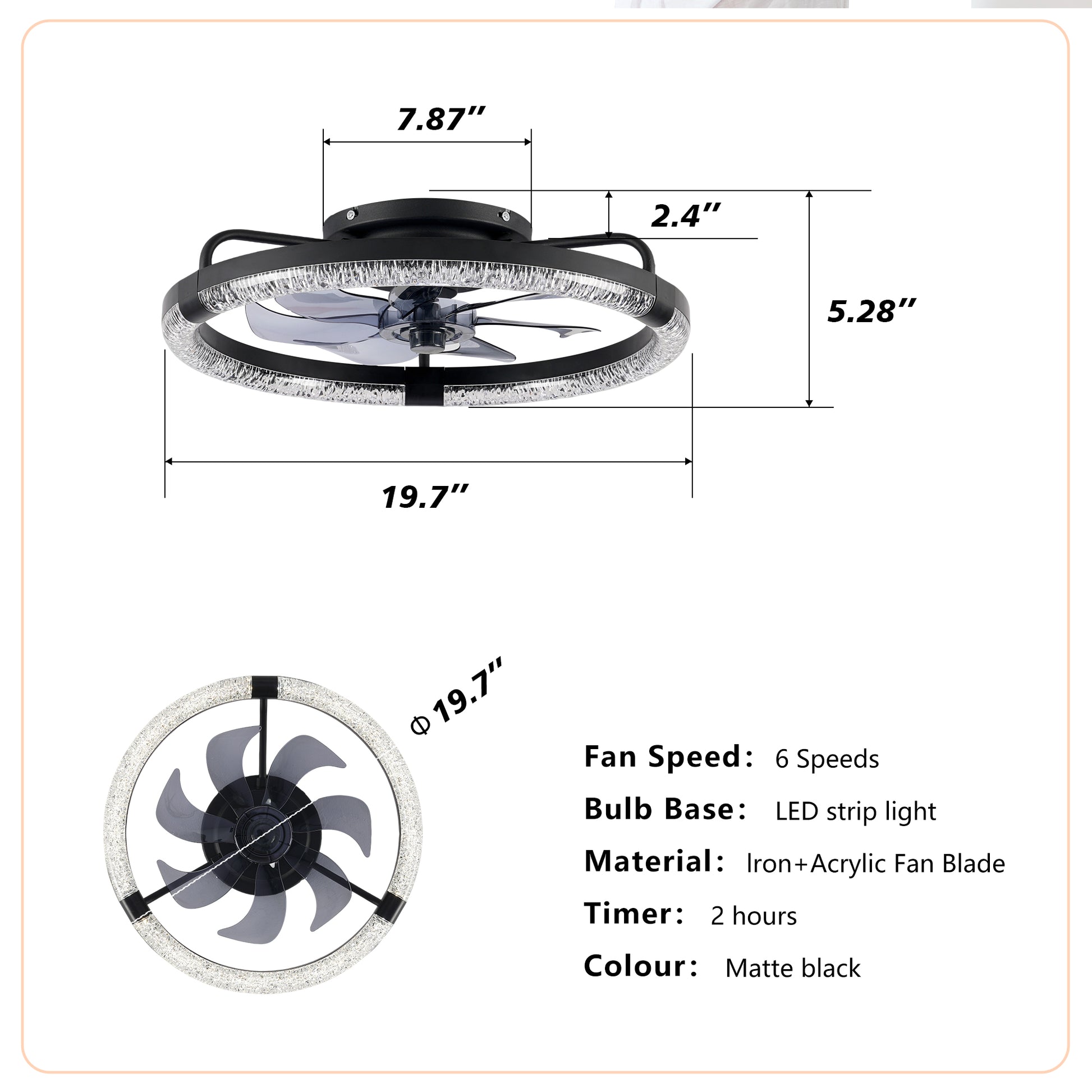 20" Ceiling Fans with Kit,LED Light Source and Remote Control, 3000-6500K Dimmable Modern Flush Mount LED Fan Light, 6 Speeds, Quiet DC Motor For Living room, Bedroom,Kitchen----Matte Black image 6